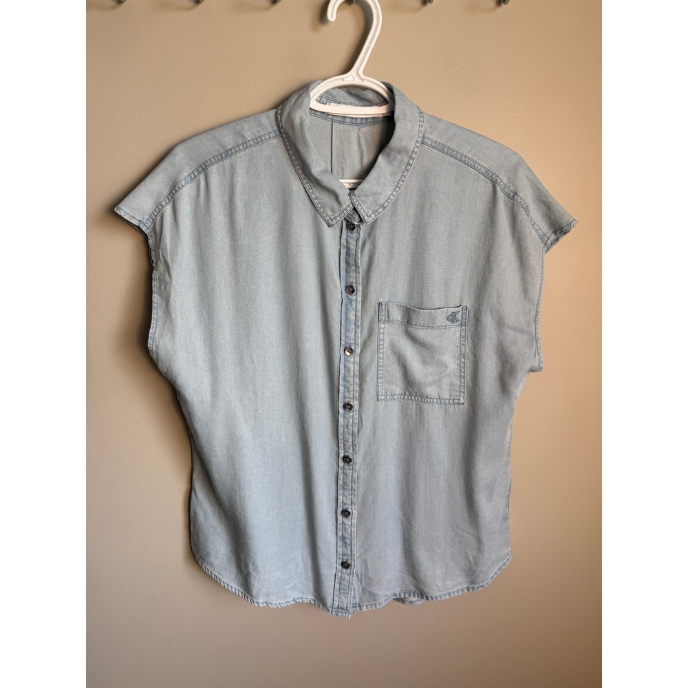 Calvin Klein Jeans Womens Light Blue Lyocell Button Up Top S Casual Minimalist